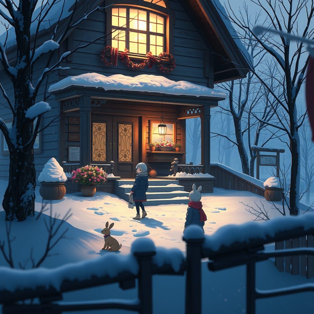 Wintery House: Children's Footprints in Anime Style