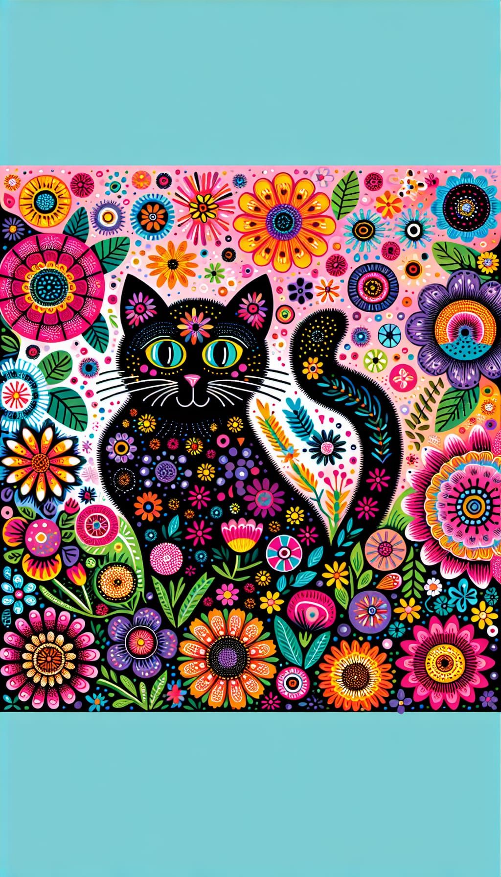Whimsical Black Cat in Colorful Garden Illustration