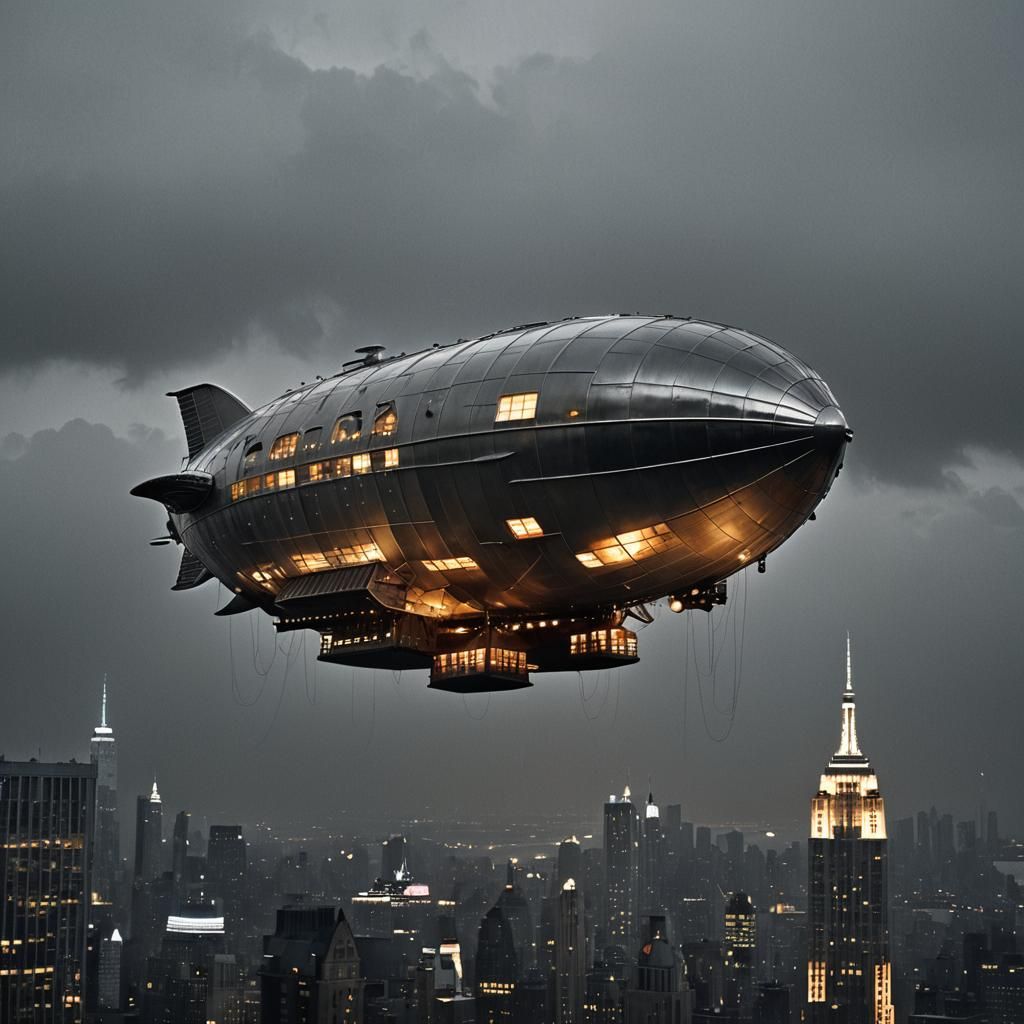 Art Deco Airship Over Rainy New York