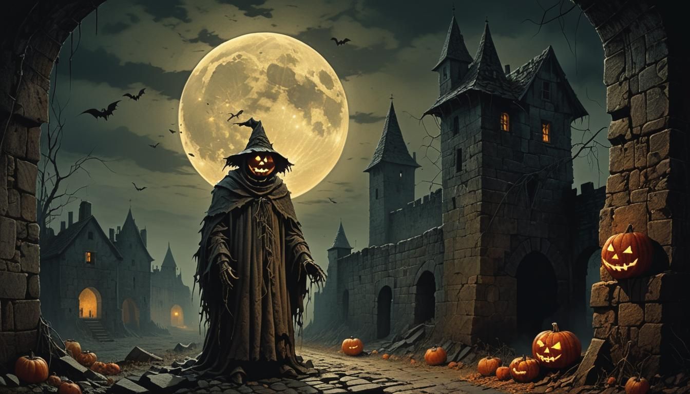 Jack O'Lantern Scarecrow in Dark Medieval Alleyway