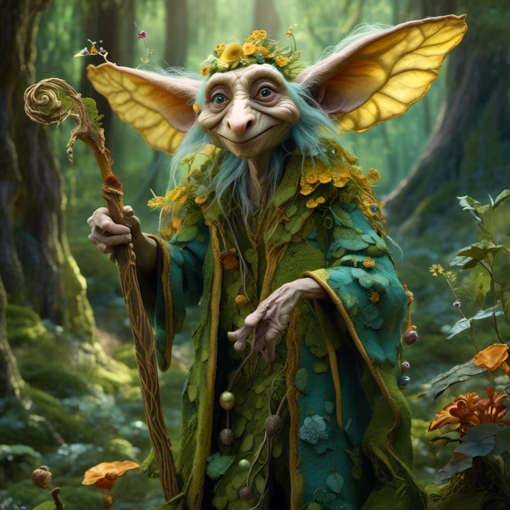 Whimsical Forest Scene with Elderly Fantasy Character