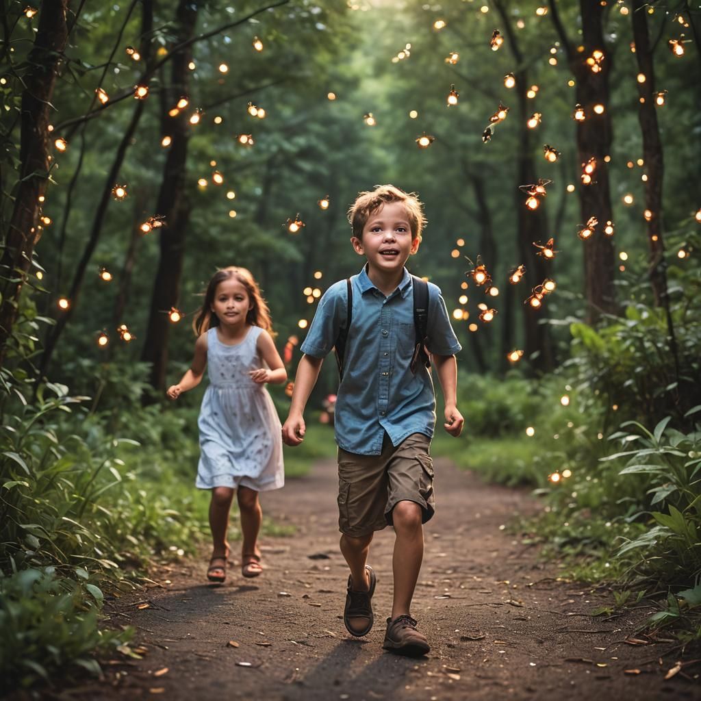 Kids Chase Fireflies in Natural Light