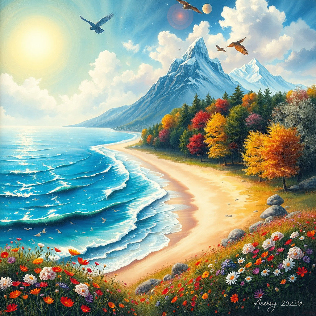 Surreal Four Seasons Landscape as Dreamlike Tapestry