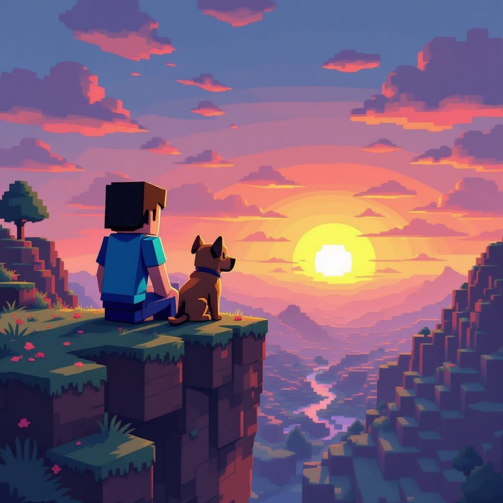 Minecraft Steve and Dog Watch Sunset in 8-bit Style