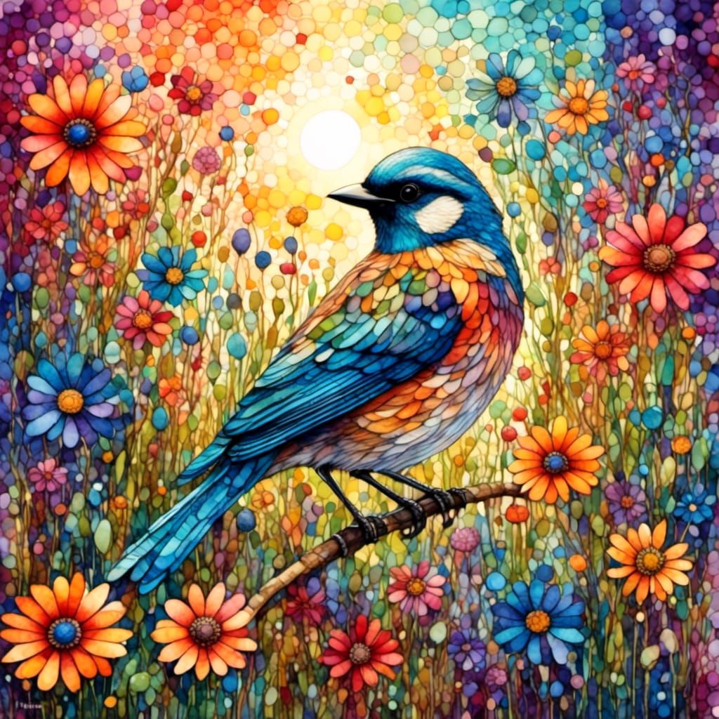 Colorful Jay on Meadow in Gouache Watercolor Style