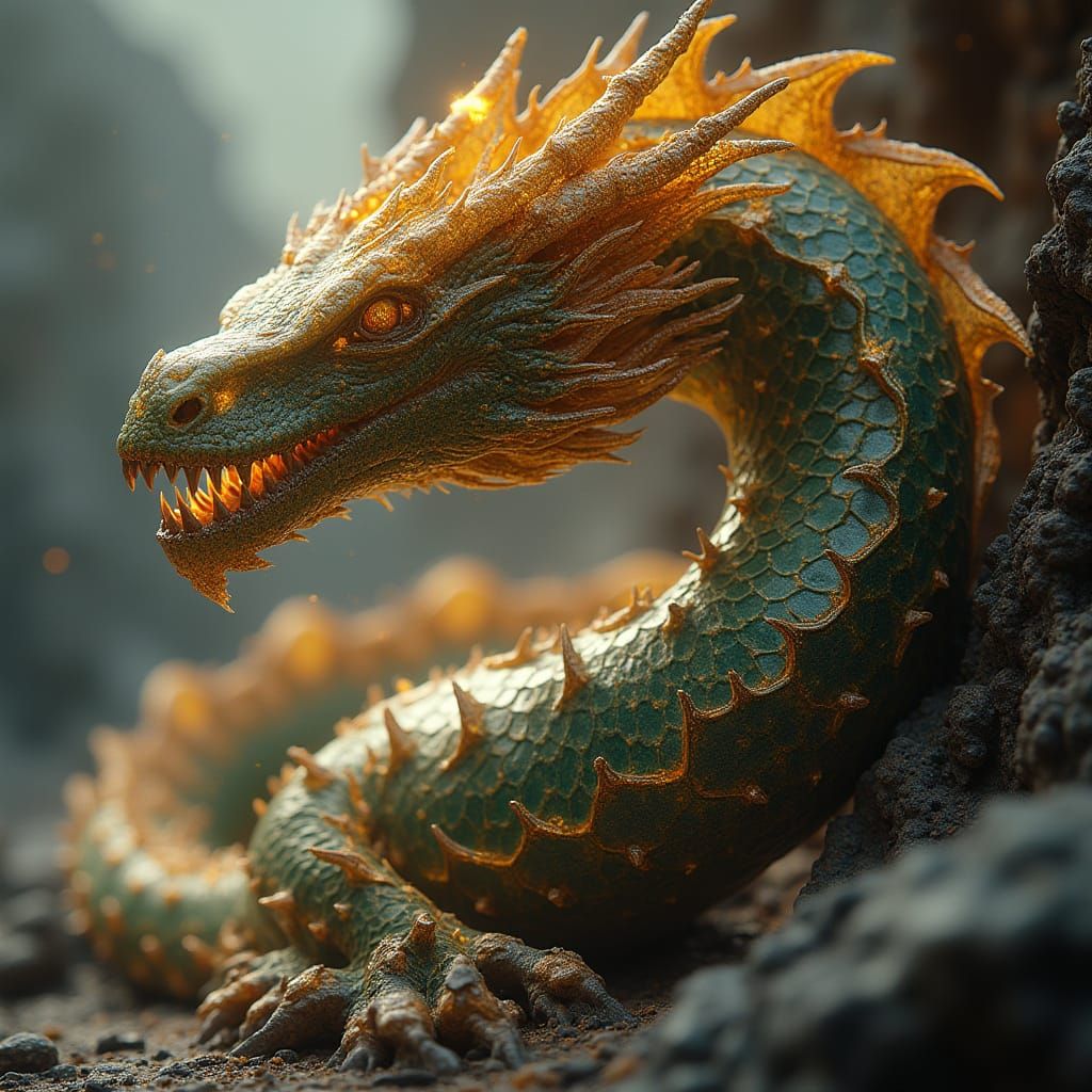 Glowing Dragon with Ancient Hum in Shimmering Onyx and Gold