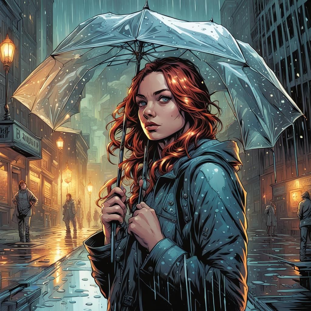 Glassy Girl on a Rainy Day in Comic Book Style