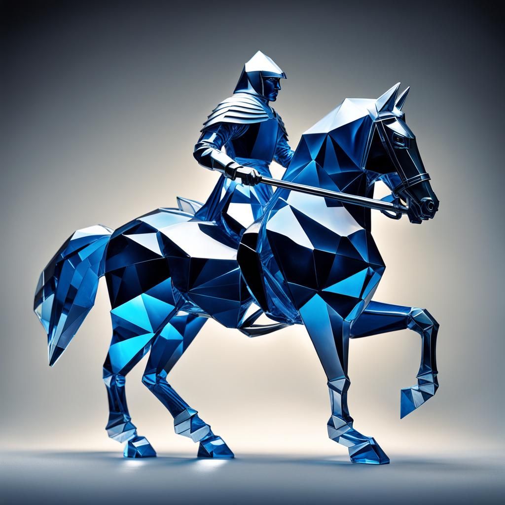 Crystal Knight Statue on Horse in Origami Style