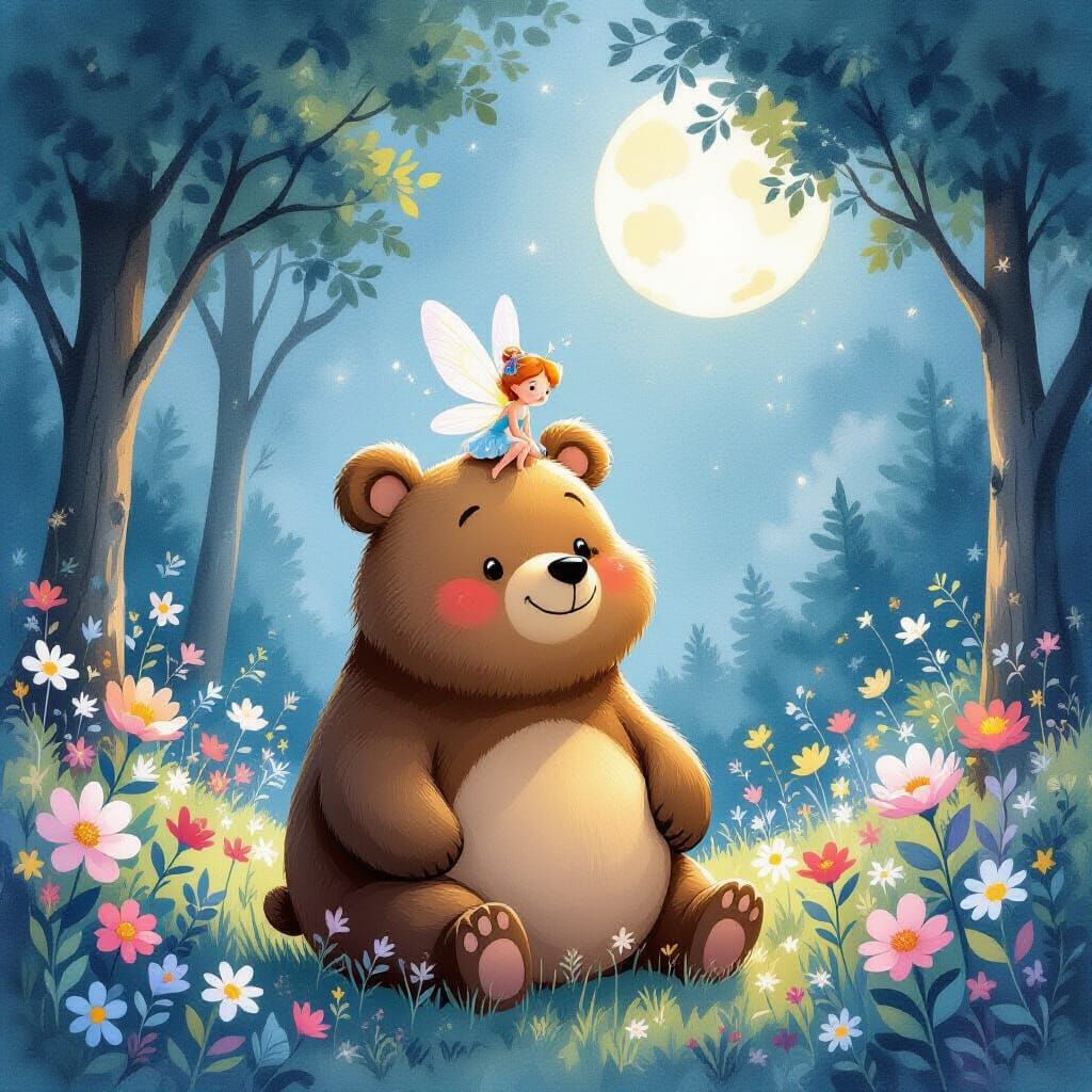 Bear and Fairy in Moonlit Forest Watercolor