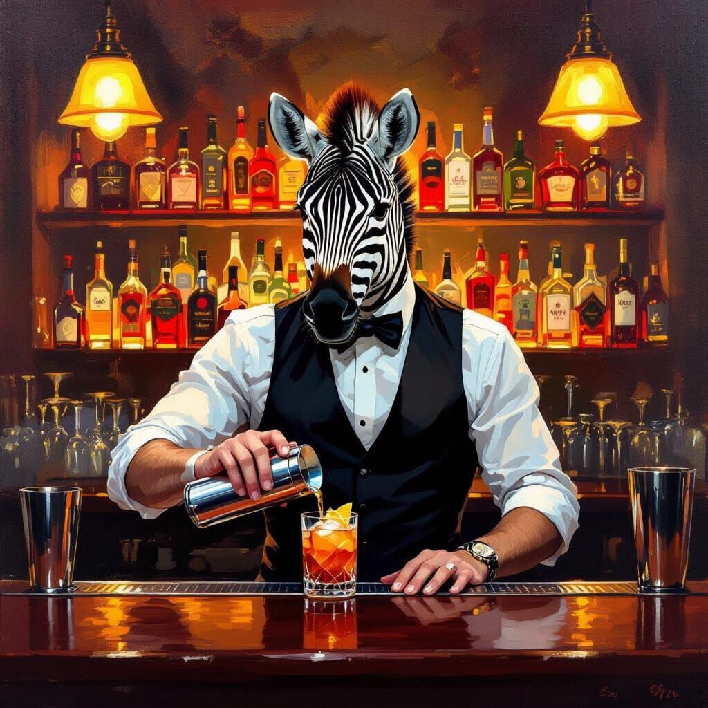 Dapper Zebra Bartender Mixing Cocktails in Oil Painting Styl...