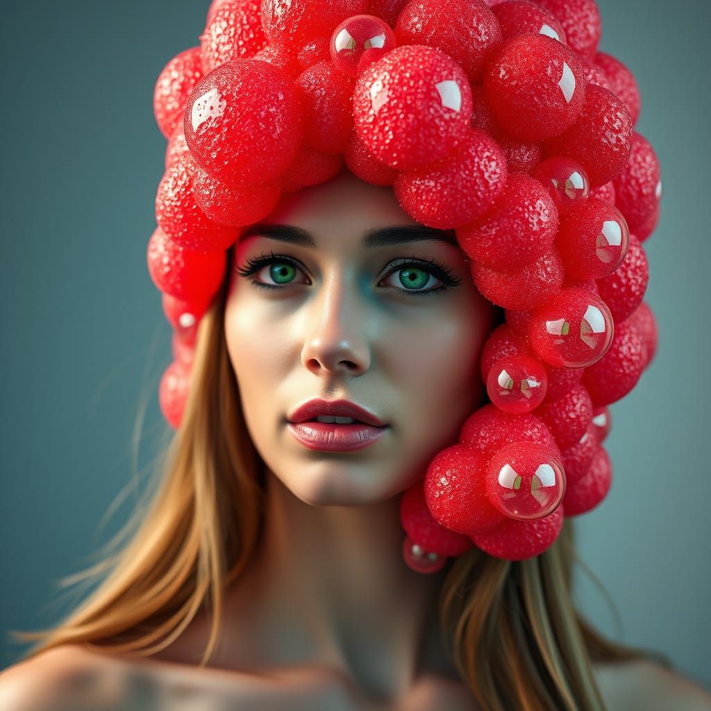 Woman in Textured Red Foam Hat with Hidden Face