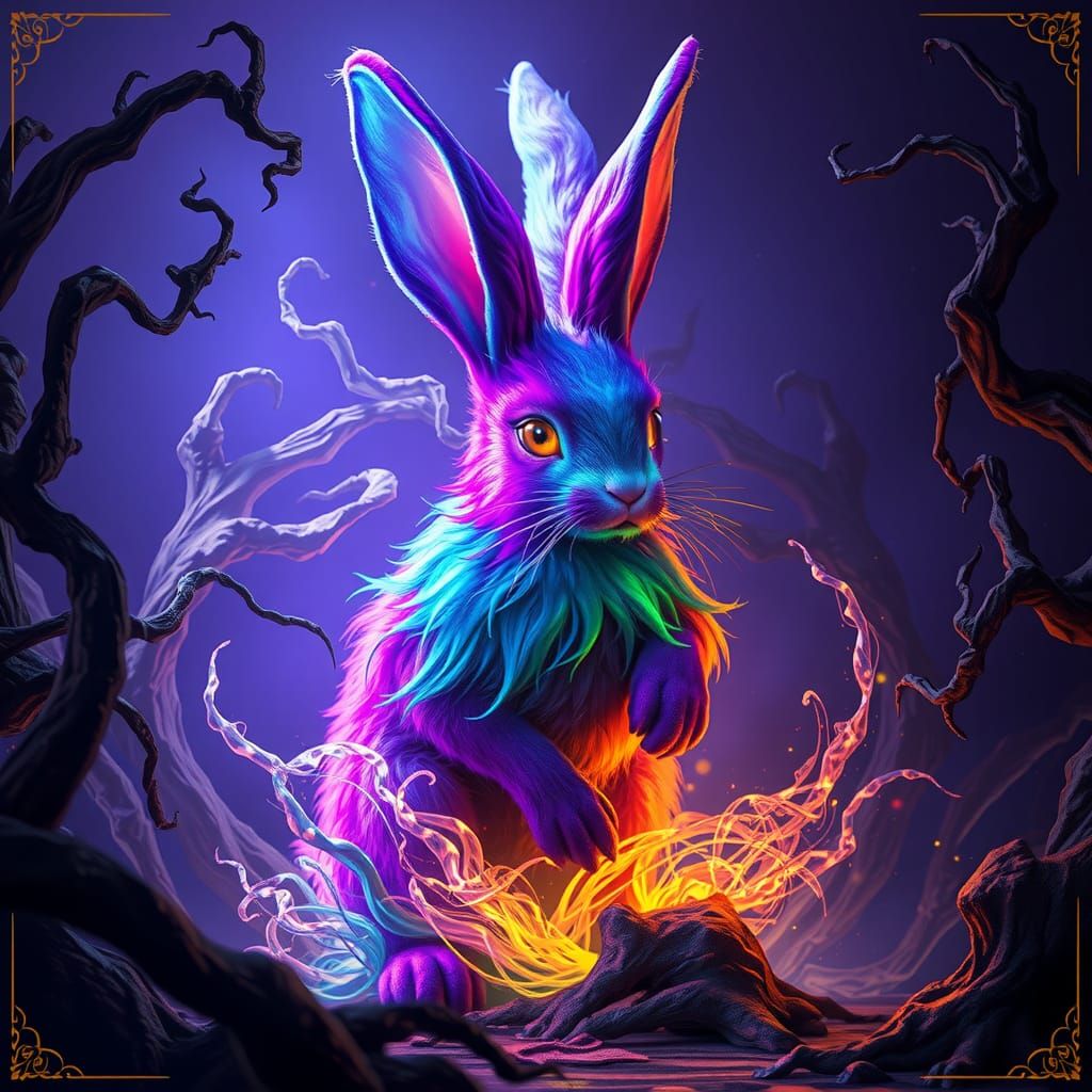 Majestic Rainbow Bunny in Dark Fantasy Art