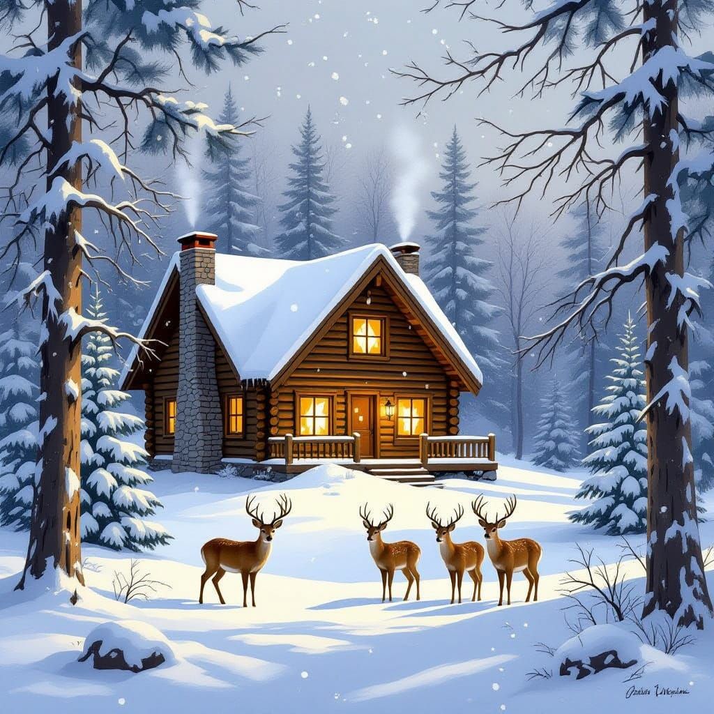 Cozy Log Cabin in Snowy Forest with Deer