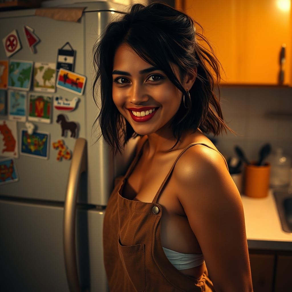 Portrait of a Young Latina Woman in a Cozy Kitchen