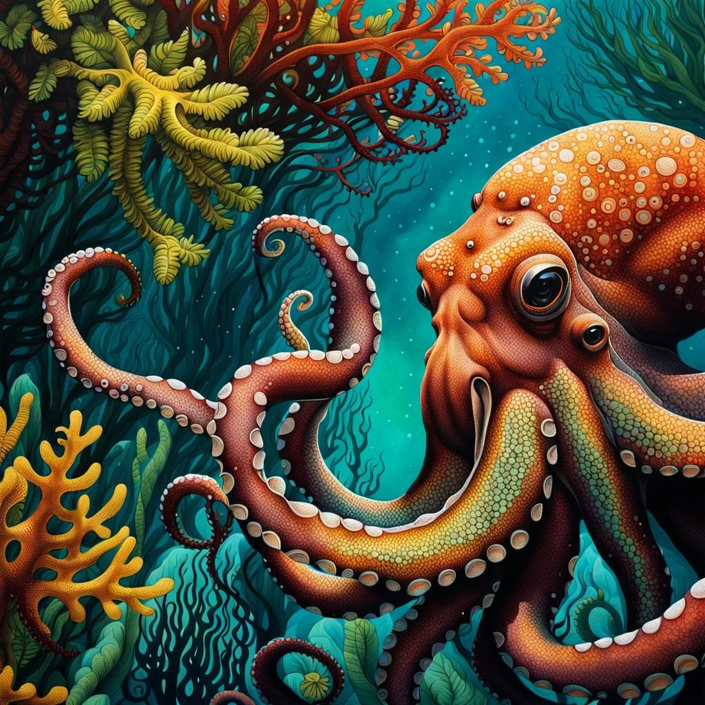 Octopus Portrait in Kelp Forest, Pointillism Ink Drawing