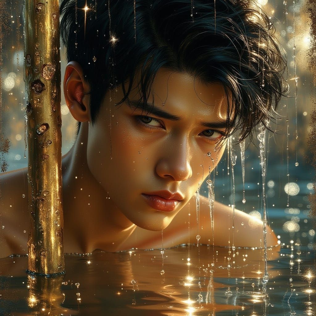 Androgynous Man's Melancholy Portrait in Rich Colors