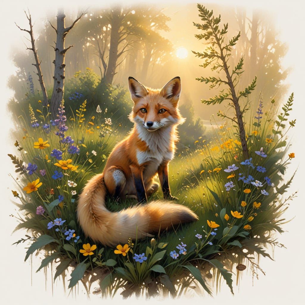 Playful Fox in Sun-Dappled Meadow: Oil Painting