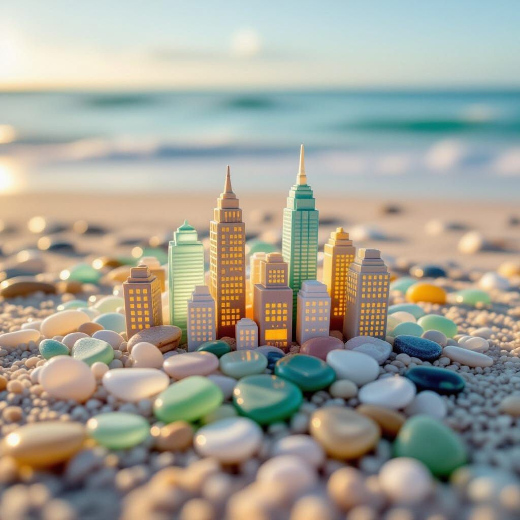 Whimsical Sea Glass Cityscape on Beach