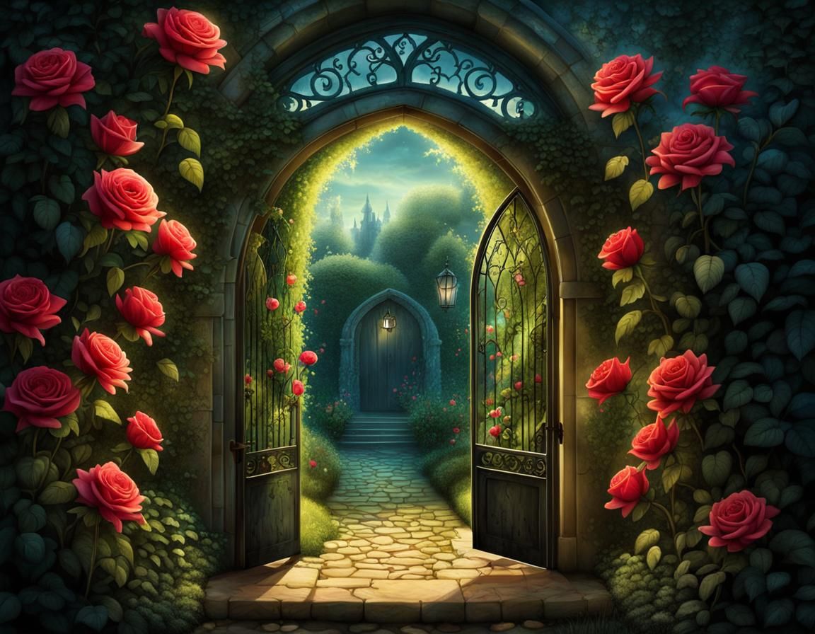 Magical Arched Garden Entrance with Roses and Lights