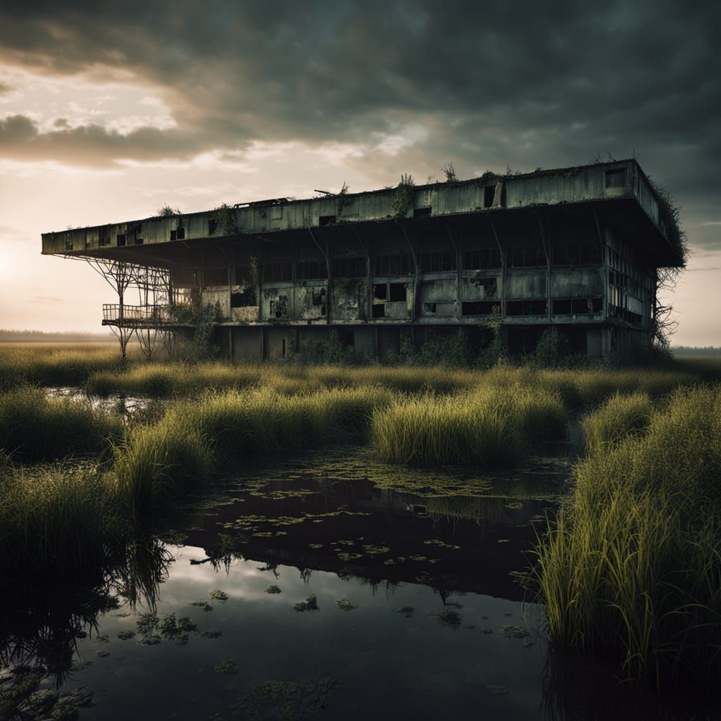 Eerie Dystopian Airport in Marshes at Sunset