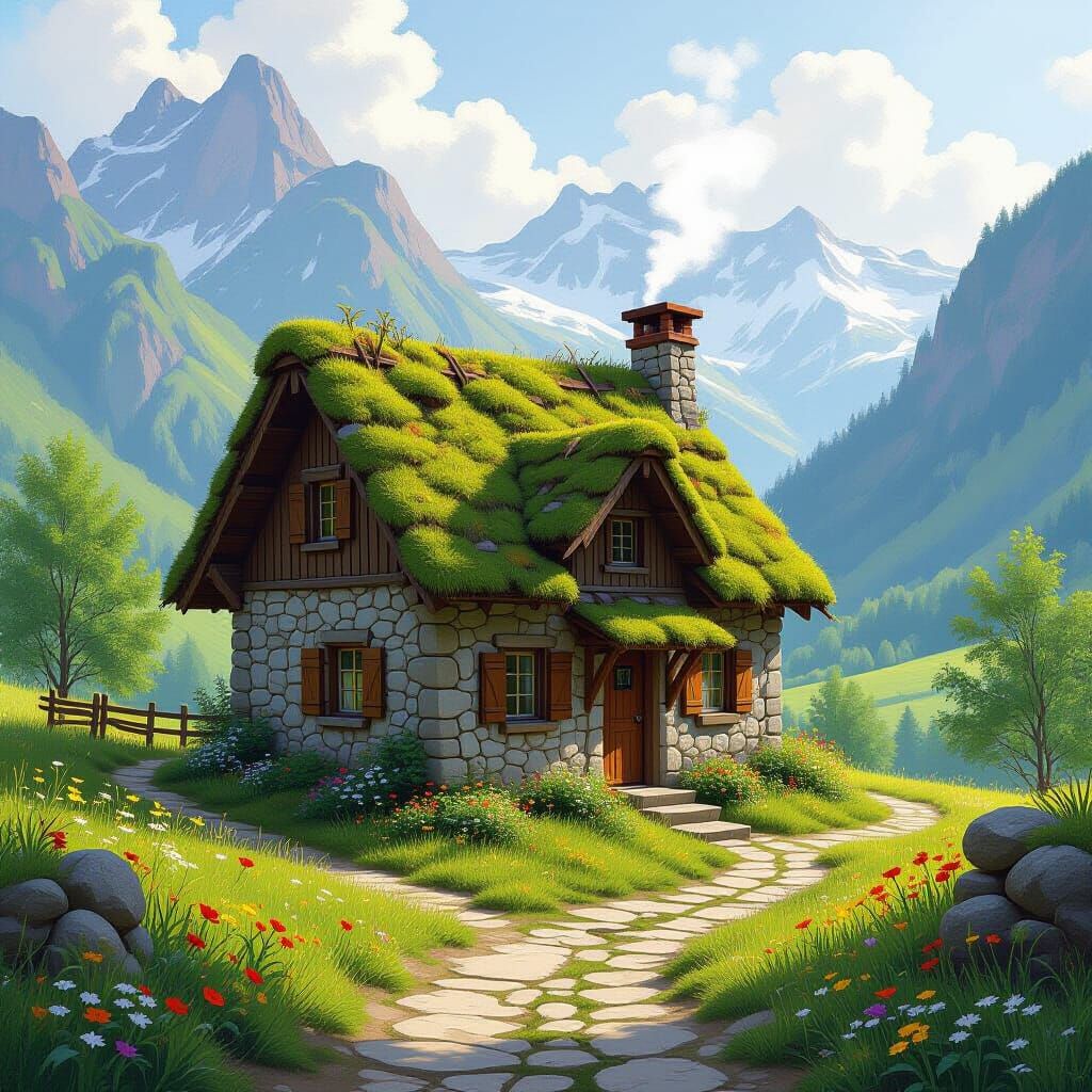 Picturesque Mountain Valley Cottage in Impressionist Style