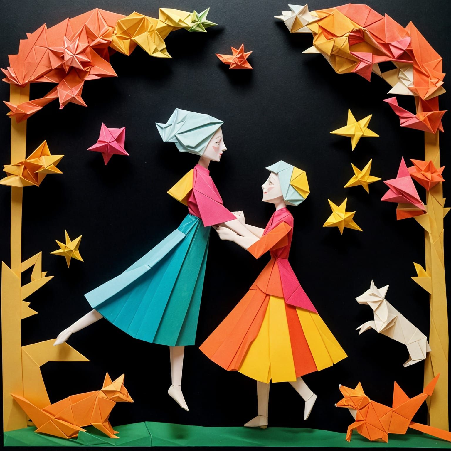 Cheerful Origami Lady Dancing with Fox