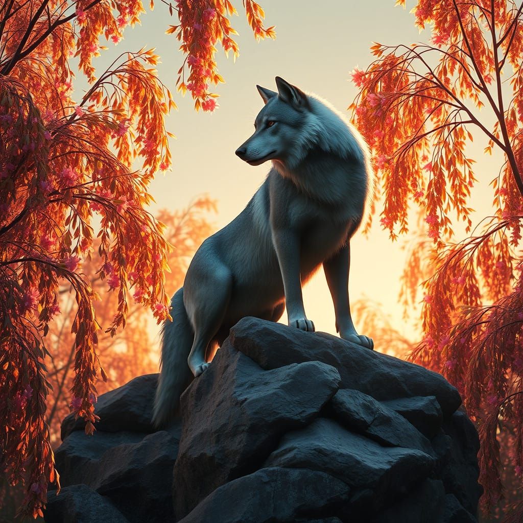 Majestic Wolf on Weathered Rock Amidst Golden Sunset Willows