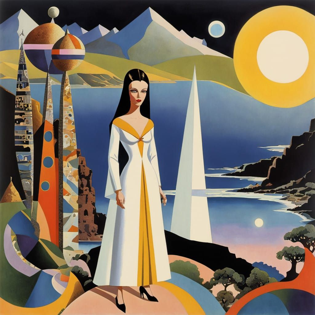 Surreal Collage of a Glowing Alien Priestess on a Cliff