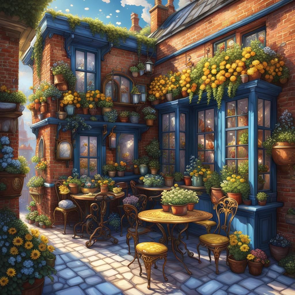 Steampunk Courtyard Garden with Yellow Flowers