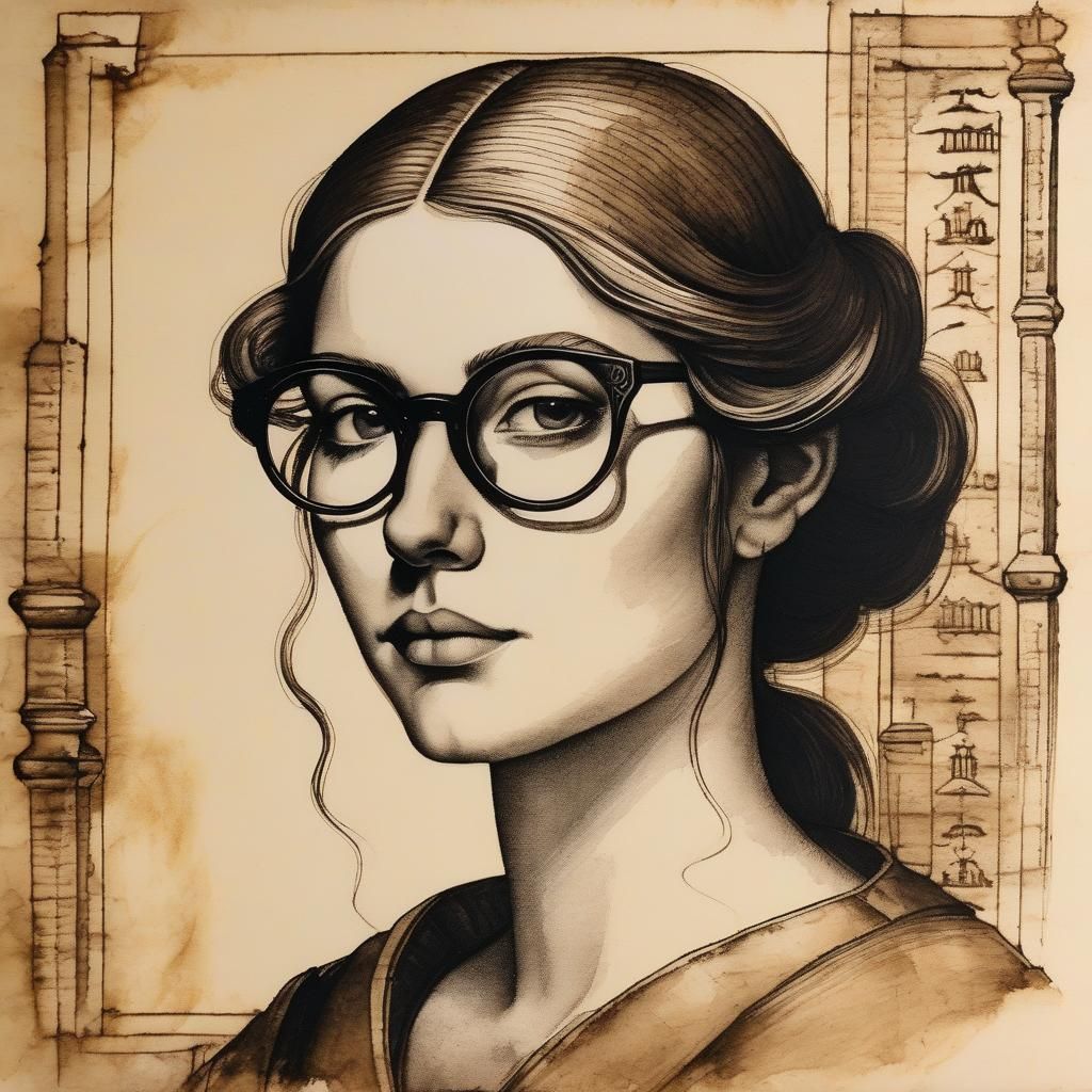 Medieval Scribe: Young Woman with Glasses in Urban Sketch St...