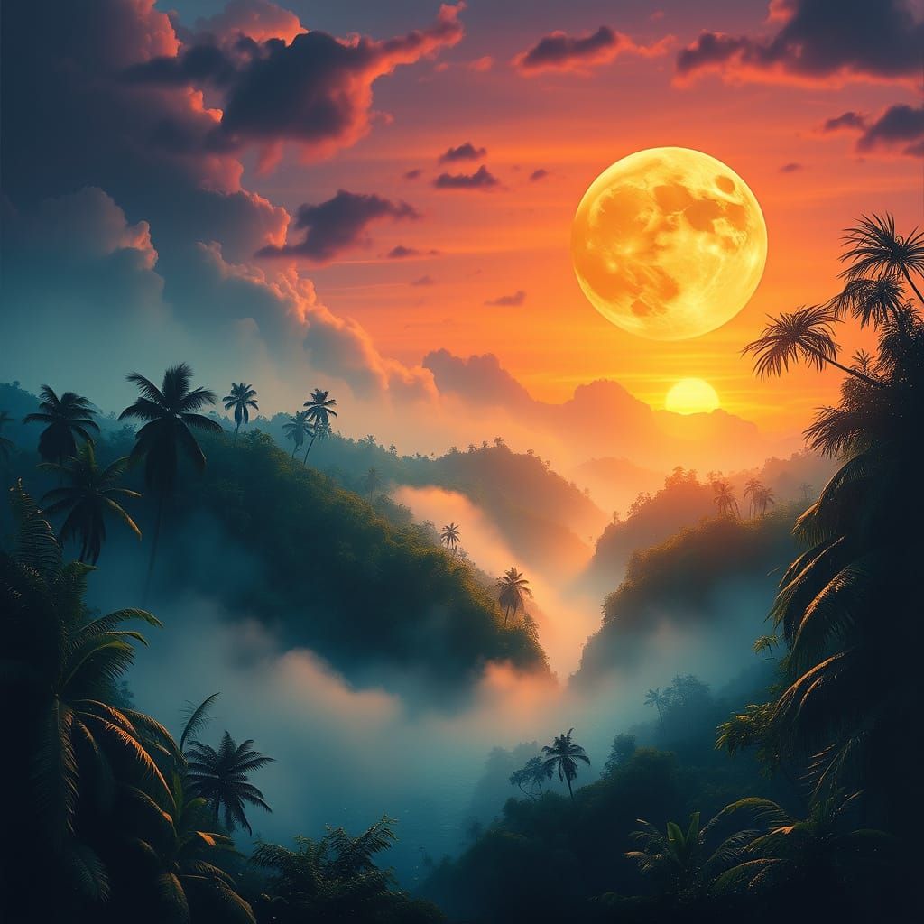 Mystical Rainforest at Dusk with Blood Moon and Glowing Suns...