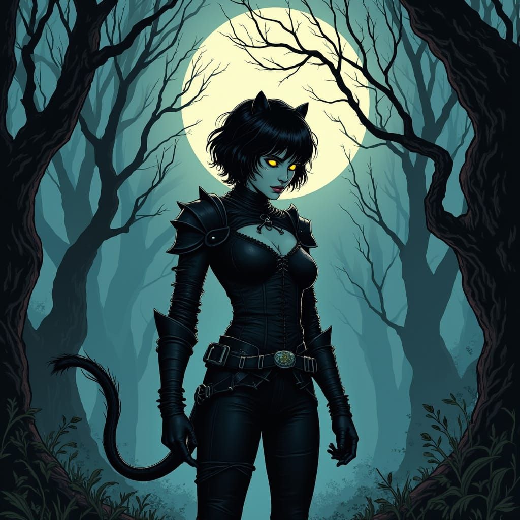 Werepanther Emerges from Dark Forest Under Full Moon