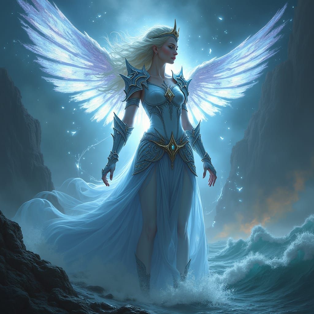 Celestial Enchantress Over Stormy Seas, Epic Fantasy Art