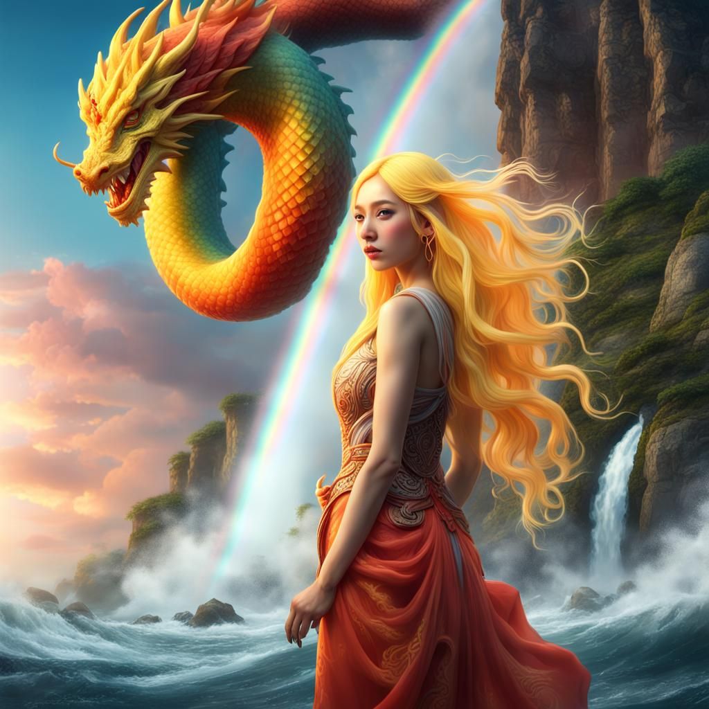 Asian Woman and Dragon in Fantastical Landscape