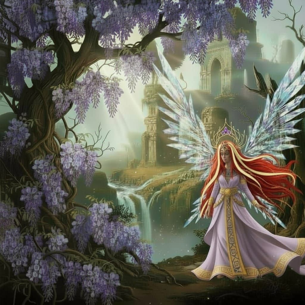 Griffin on Ruin Overlooking Misty Valley in Romantic Style