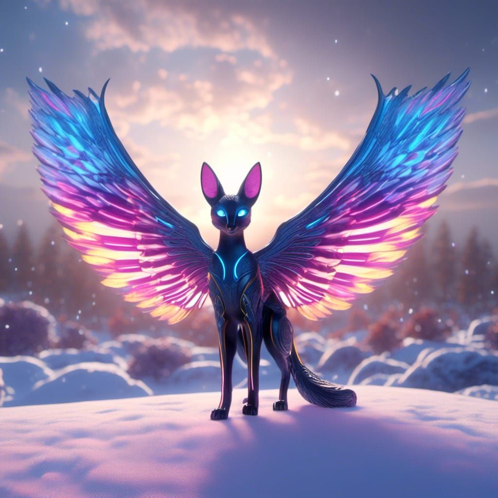 <lora:Gridrunners v1:1.0> Female winged kitsune, blue, pink, yellow and lavender. On snowy field. Unreal Engine 5.