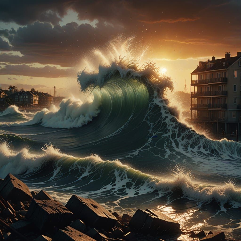 Dramatic Sunset Crash in Hyper-Realistic Coastal City