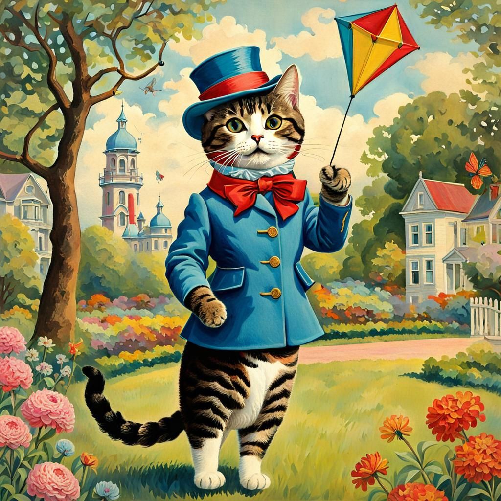 Cat Flying a Kite in Louis Wain Style