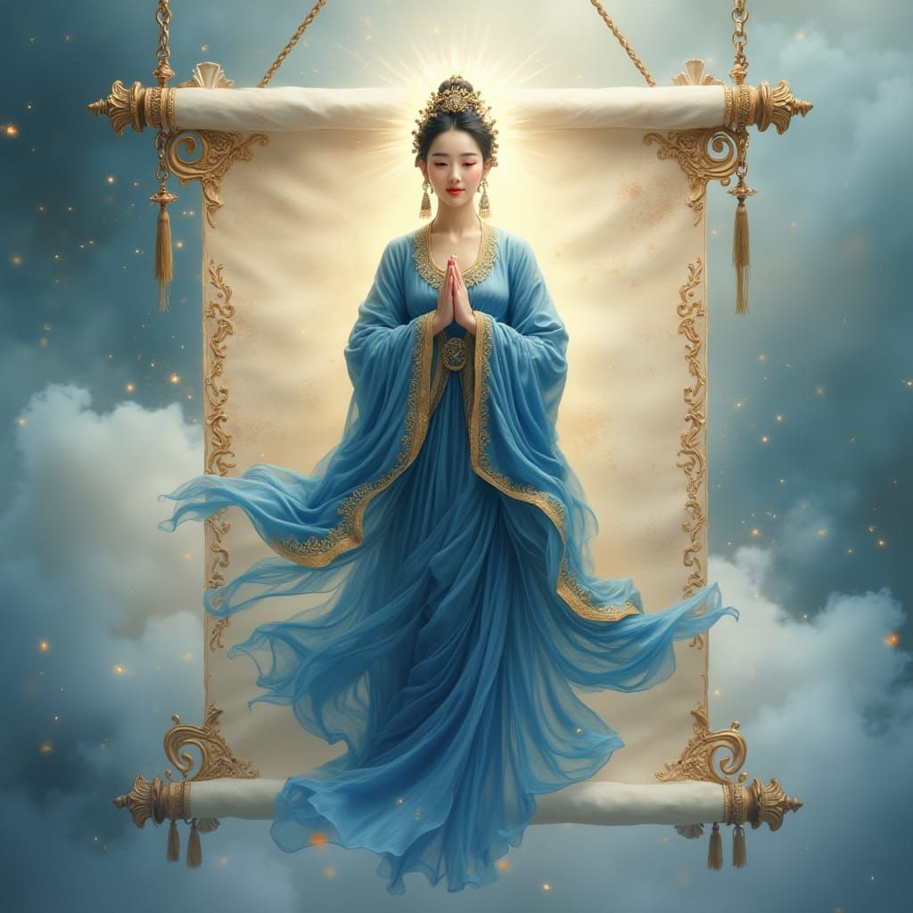 Ethereal Goddess on Sacred Scroll in Misty Realm