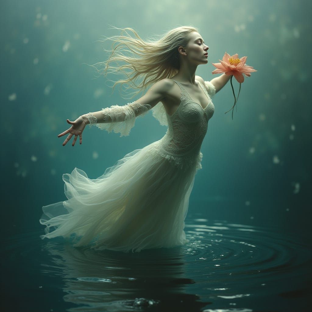 Ethereal Lily Emerges from the Depths in a Dreamlike Scene