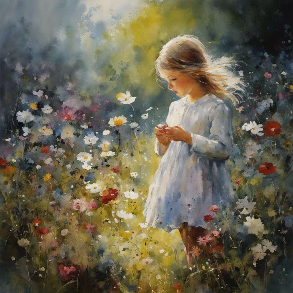 Girl in Flower Meadow Watercolor Painting