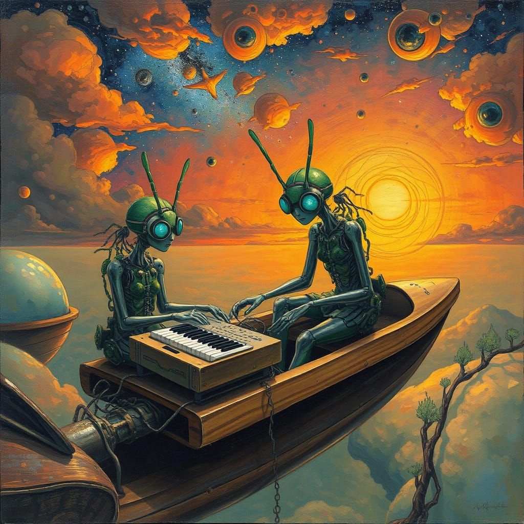 Surreal Poets in Aqua Eye Wear Sail through Sunset Galaxy on...