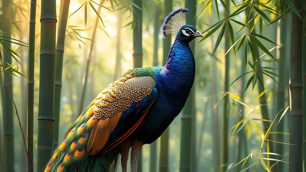 Vibrant Peacock in a Serene Asian Bamboo Landscape