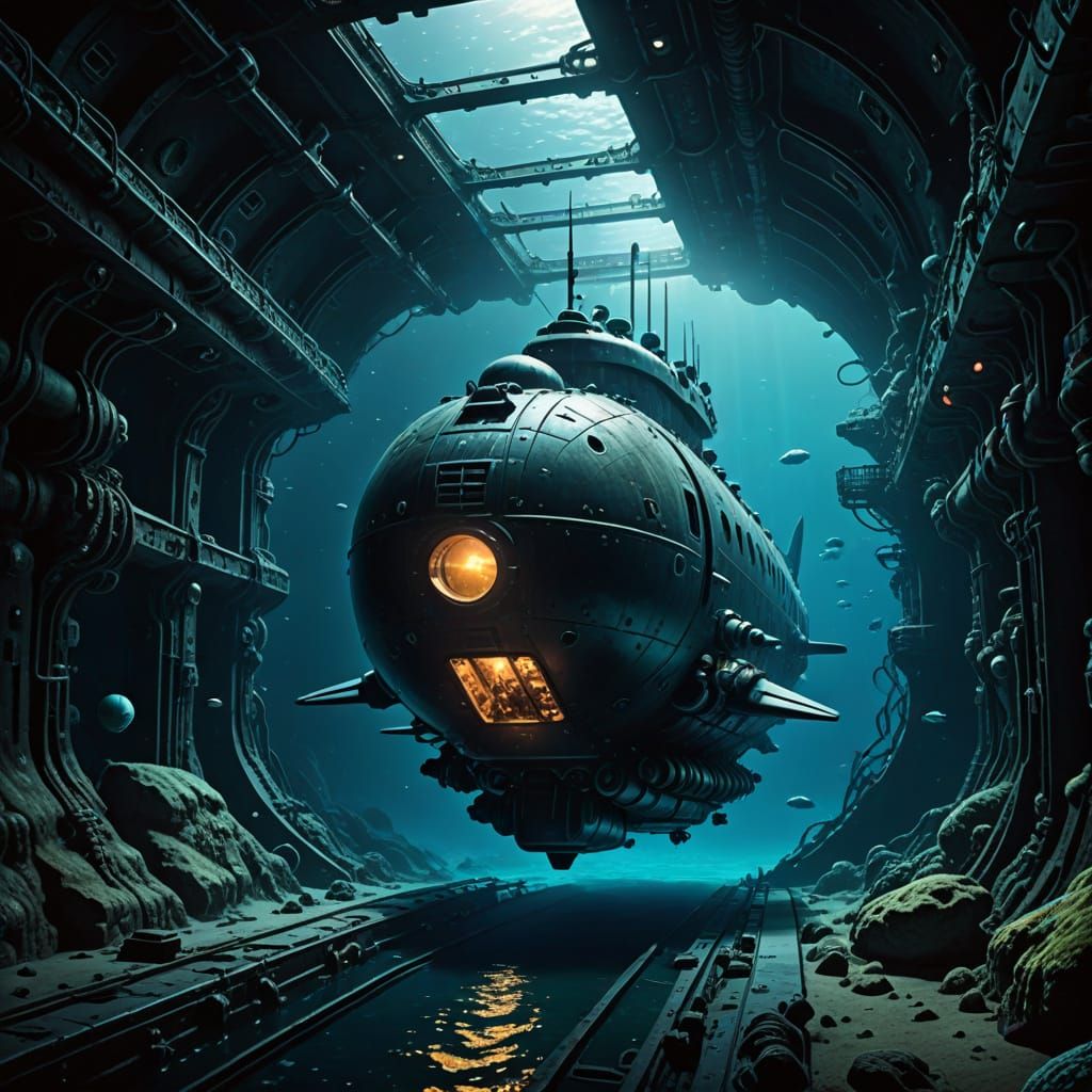 Futuristic Submarine in Alien Deep Ocean Trench