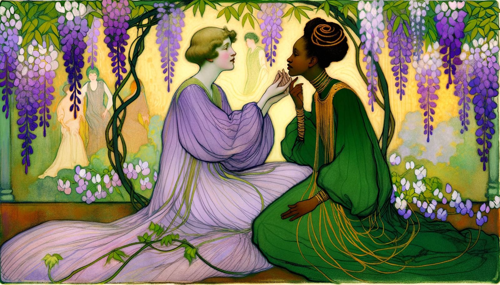 Art Nouveau Garden: Two Women in Intimate Embrace