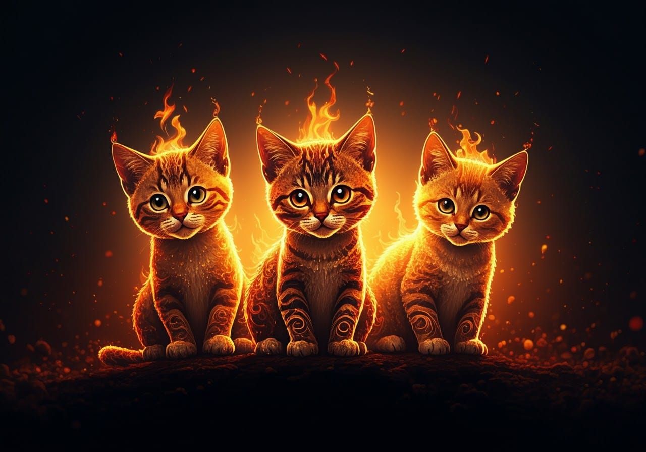 Fiery Feline Trio: A Dance of Golden Embers