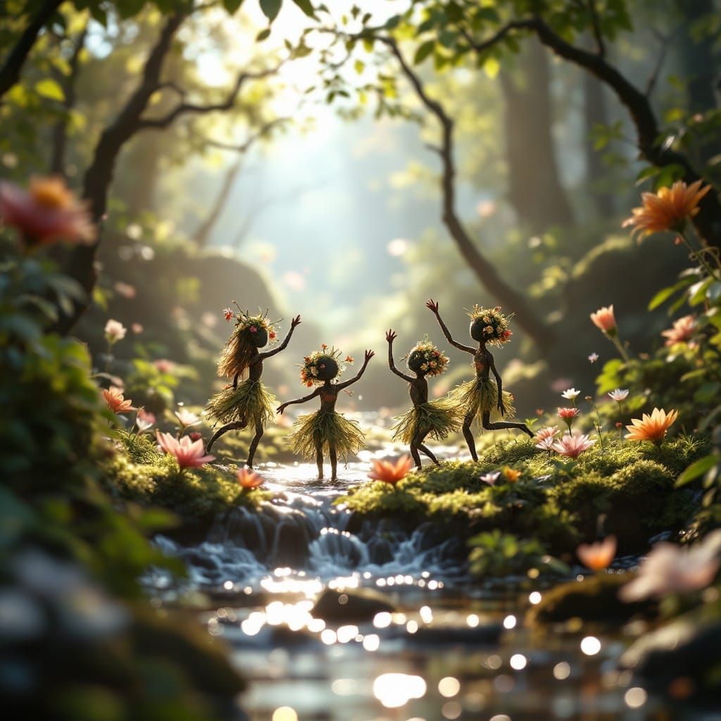 Whimsical Forest Dwellers Dance in Sunlit Paradise