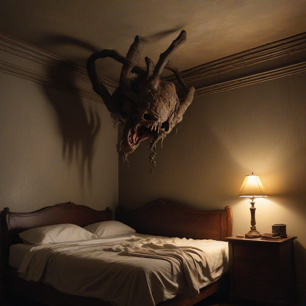 Grotesque Demon Emerges from Dark Ceiling Shadows in Oil Pai...