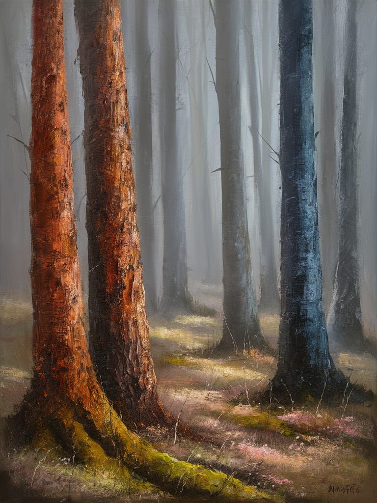 Impressionistic Forest: Tree Trunks in Dense Fog