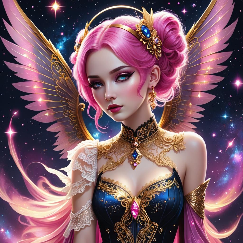Gothic Maiden with Art Deco Wings in Cosmic Galaxy
